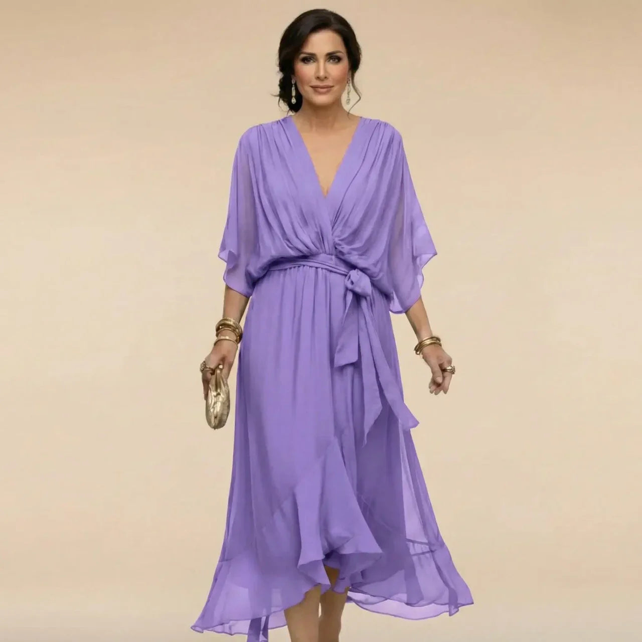 Aurelle - Draped Chiffon V-Neck Dress
