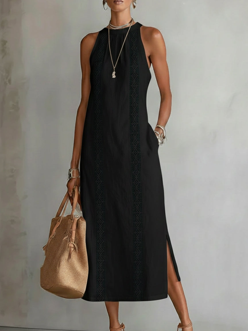 Naelle - Sleeveless Stand Collar Midi Dress