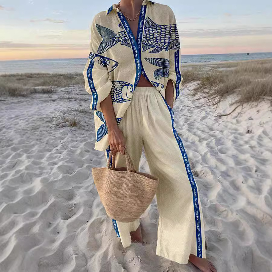 Robin - Blue Fish-Print Linen Set