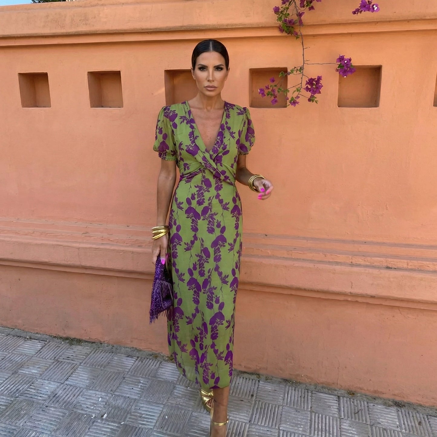 Selara - Puff-Sleeve V-Neck Dress