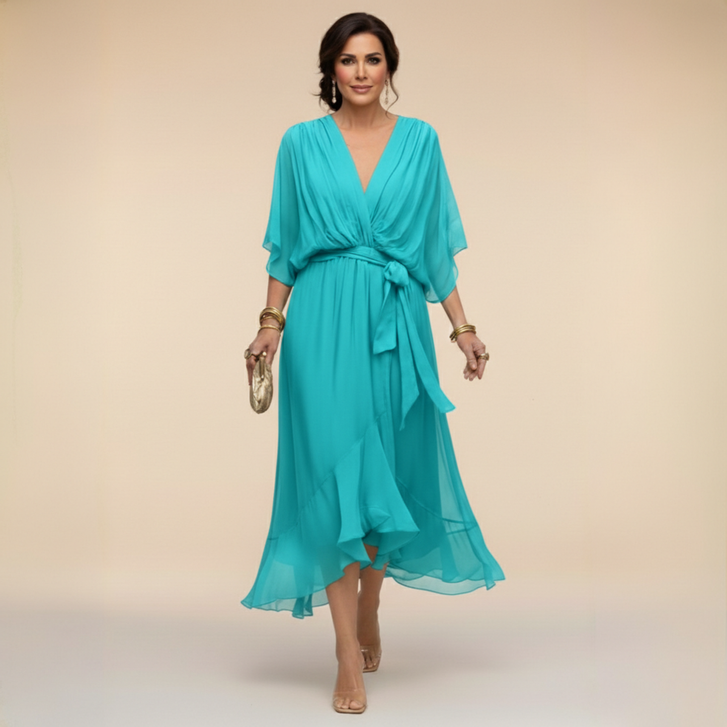 Aurelle - Draped Chiffon V-Neck Dress