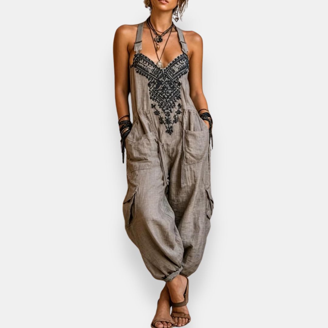 Lorena - Embroidered Patch-Pocket Jumpsuit