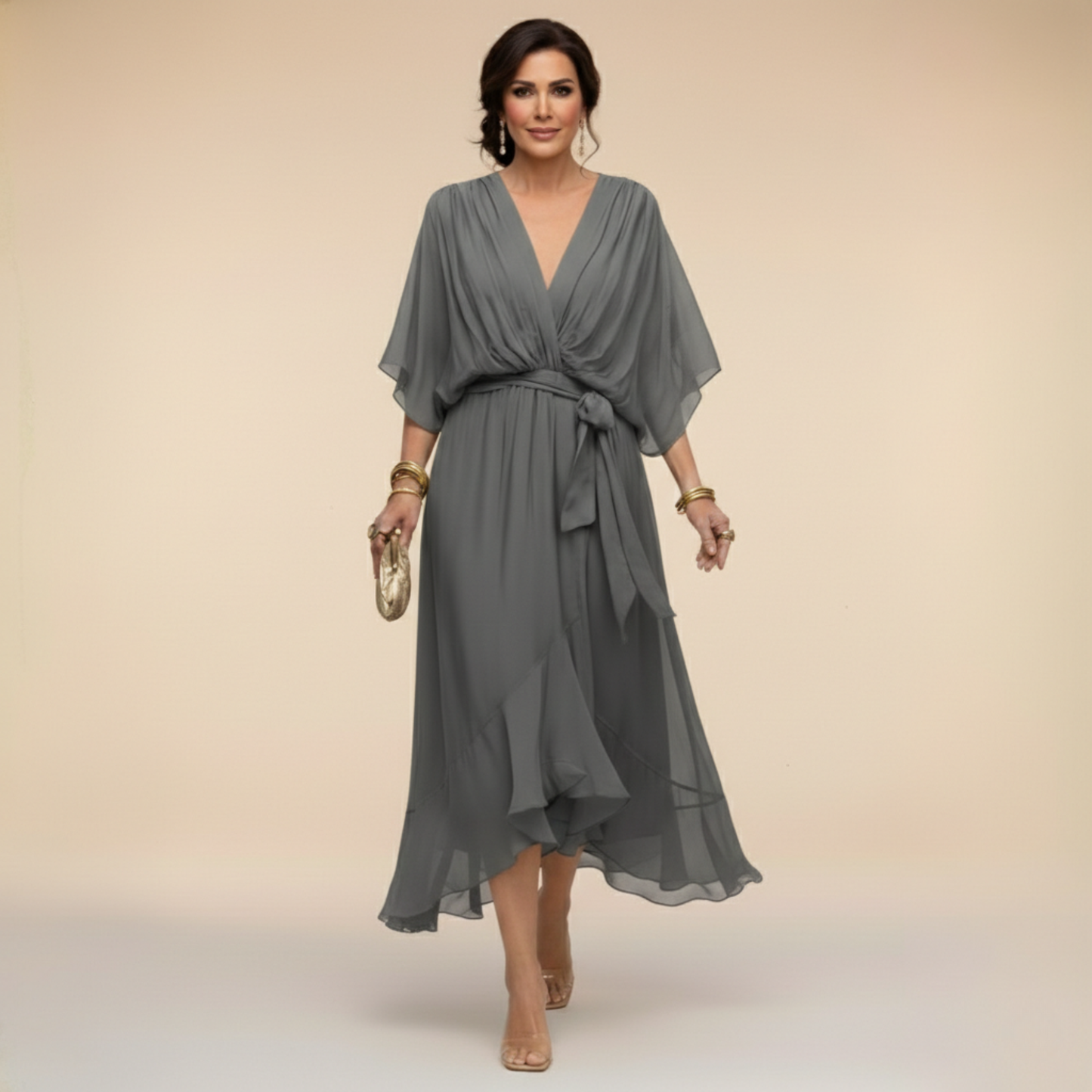 Aurelle - Draped Chiffon V-Neck Dress
