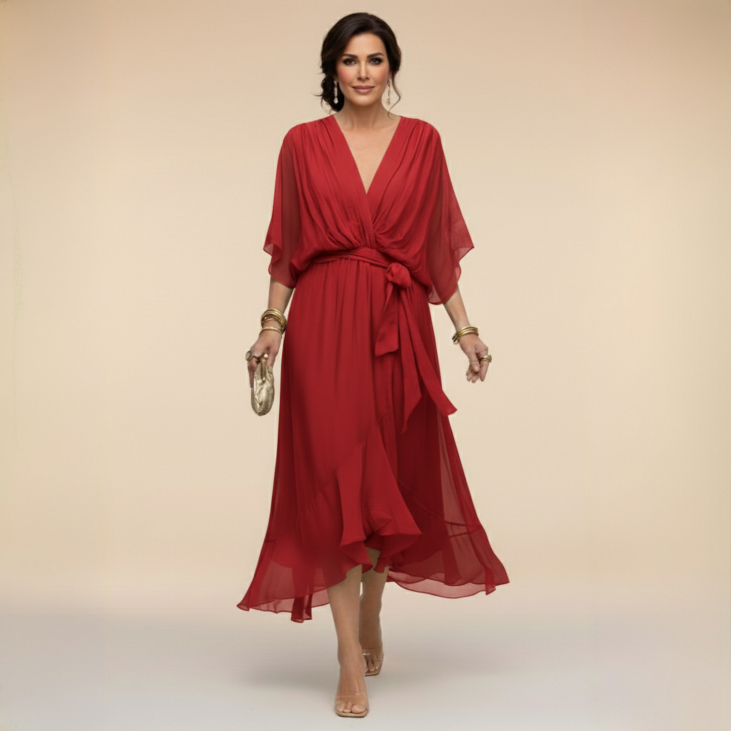 Aurelle - Draped Chiffon V-Neck Dress