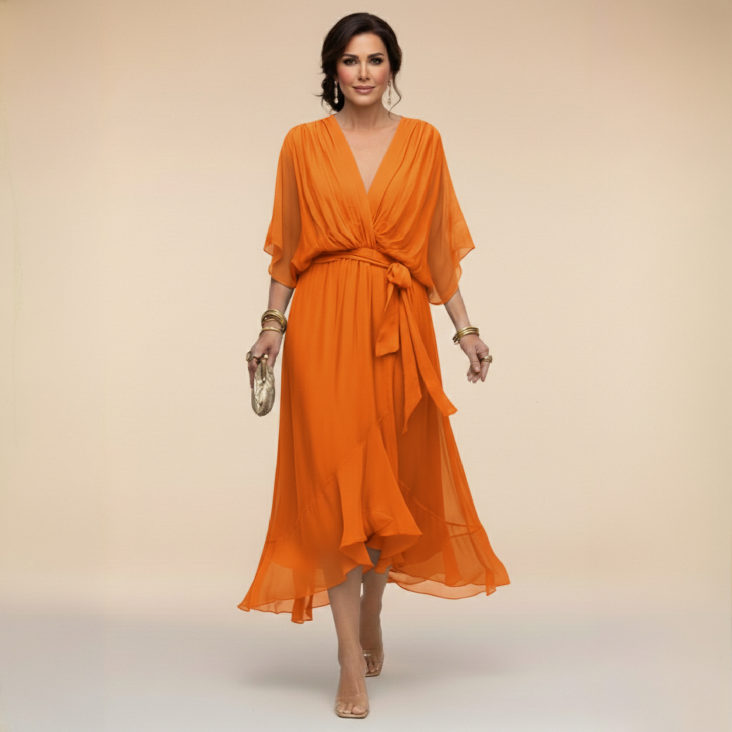 Aurelle - Draped Chiffon V-Neck Dress