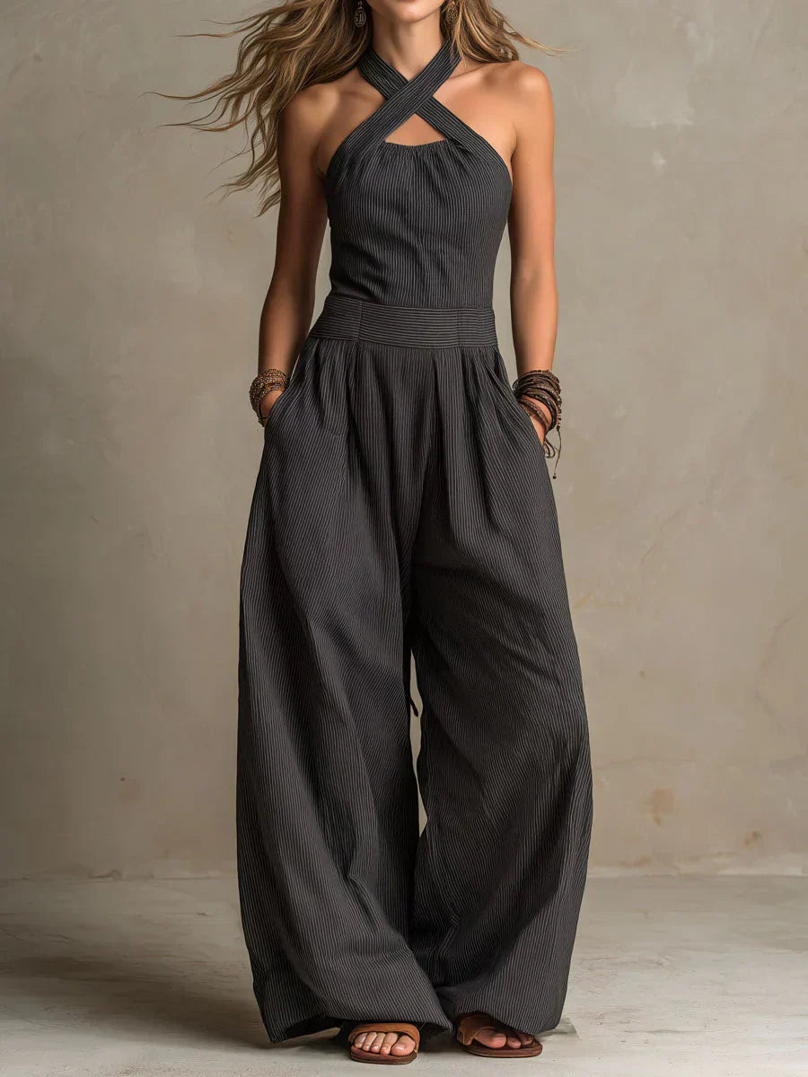 Aline - Crisscross Halter Wide-Leg Jumpsuit