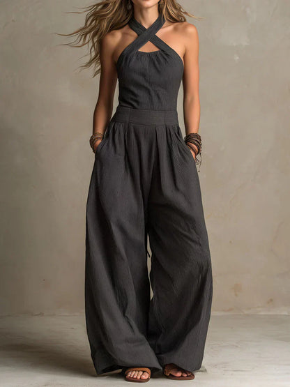 Aline - Crisscross Halter Wide-Leg Jumpsuit