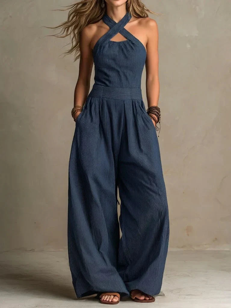Aline - Crisscross Halter Wide-Leg Jumpsuit