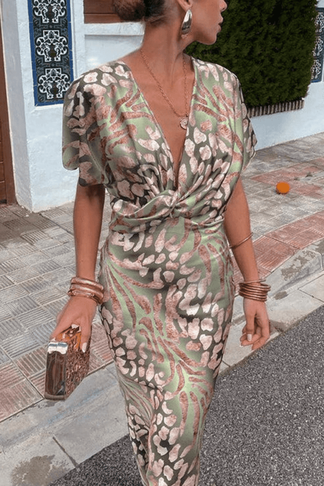 Isola - Olive V-Neck Maxi Dress