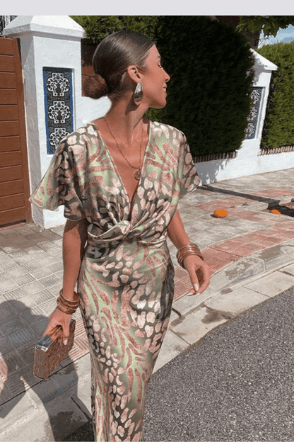 Isola - Olive V-Neck Maxi Dress