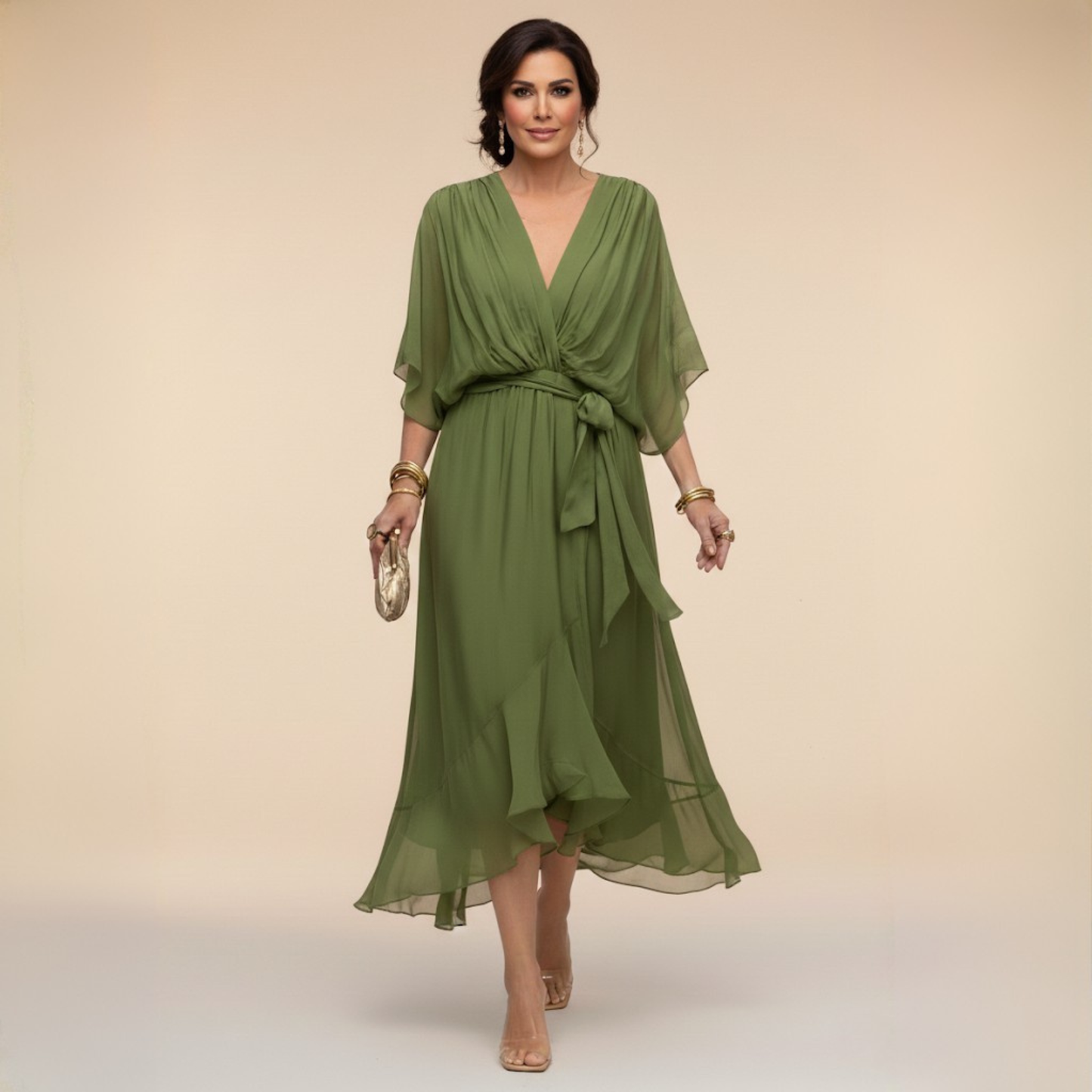 Aurelle - Draped Chiffon V-Neck Dress