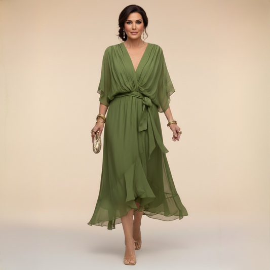 Aurelle - Draped Chiffon V-Neck Dress