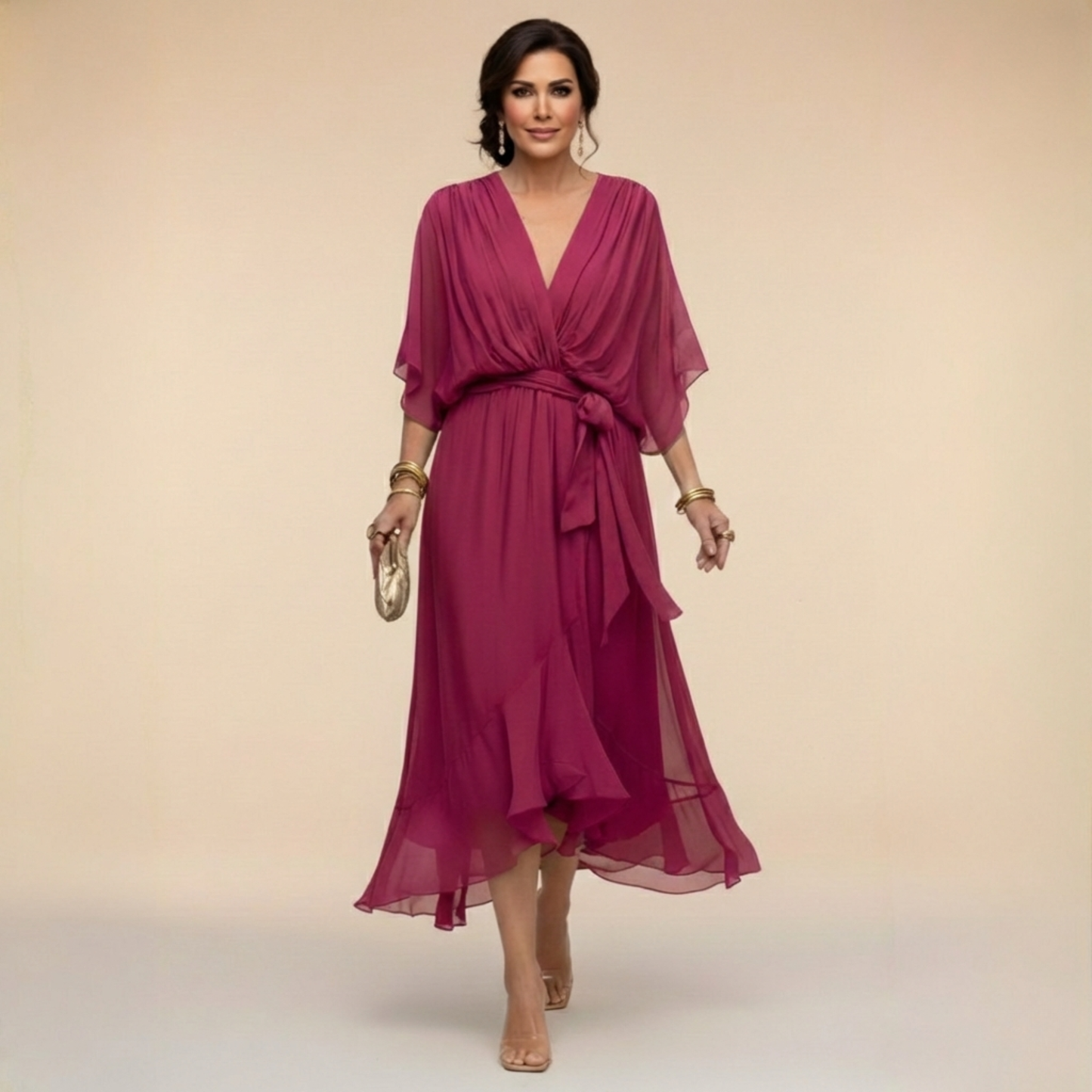 Aurelle - Draped Chiffon V-Neck Dress