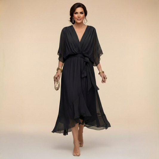 Aurelle - Draped Chiffon V-Neck Dress