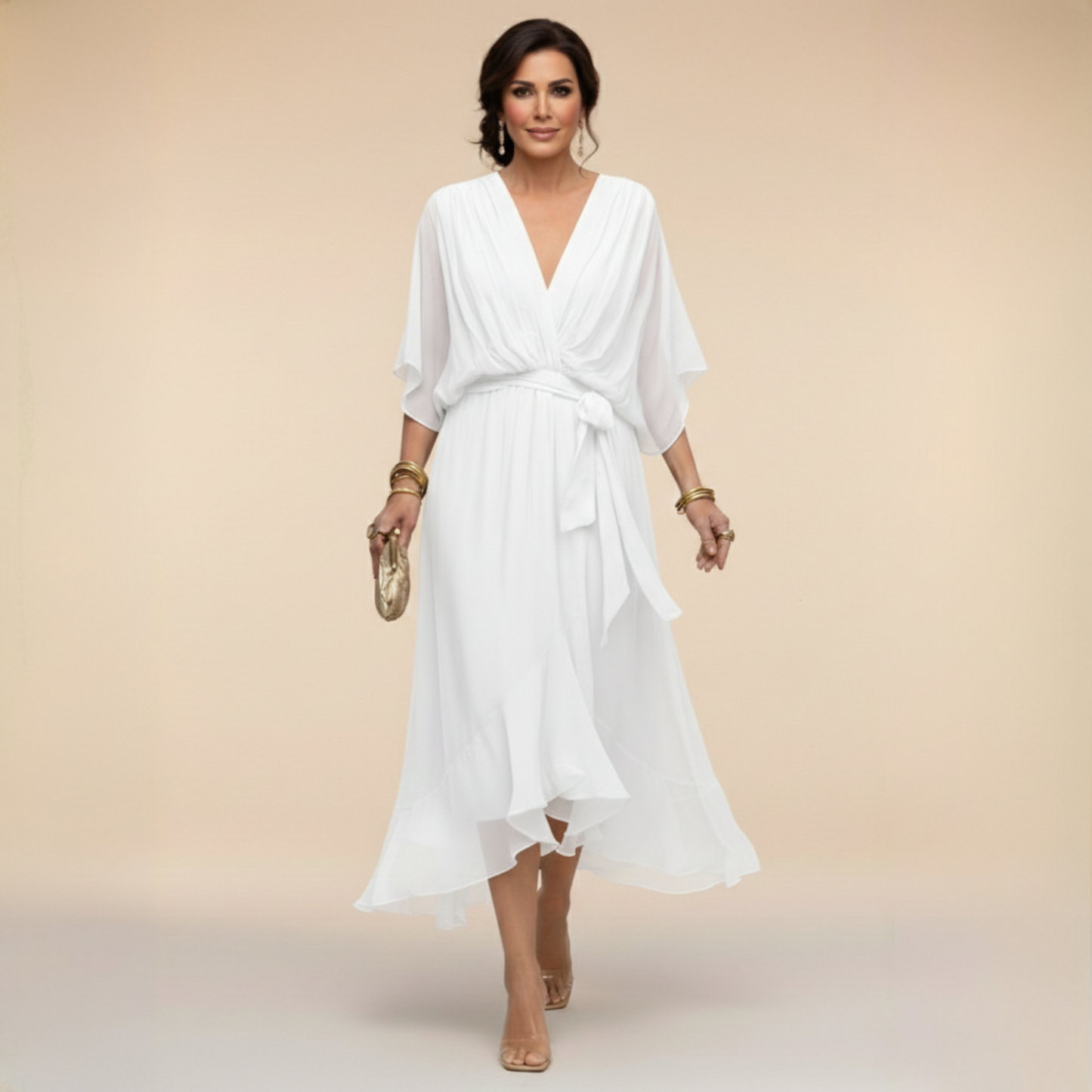 Aurelle - Draped Chiffon V-Neck Dress