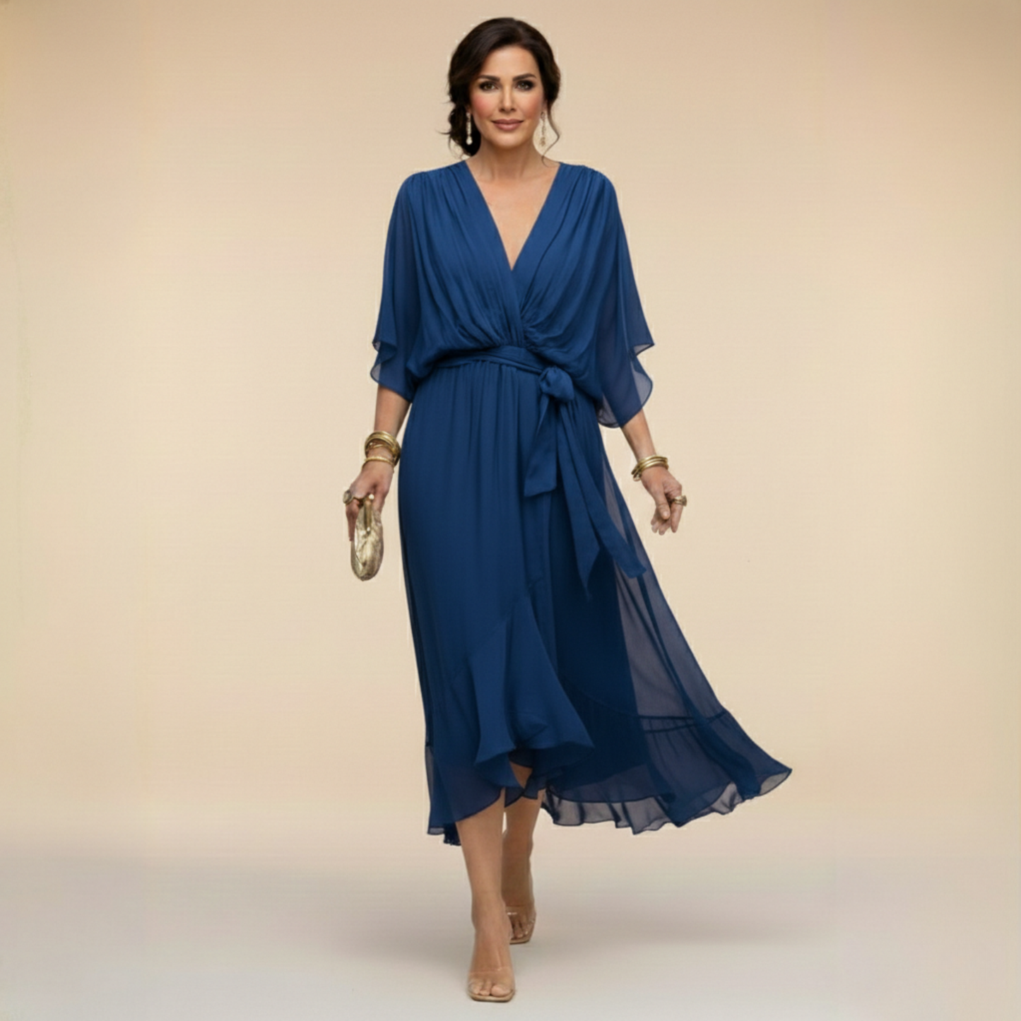 Aurelle - Draped Chiffon V-Neck Dress