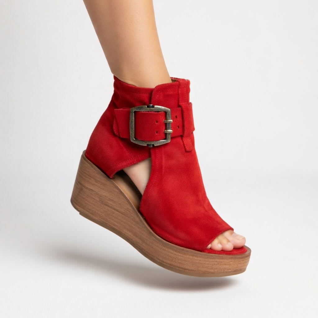 Aurevia - Buckled Open-Toe Wedge Booties