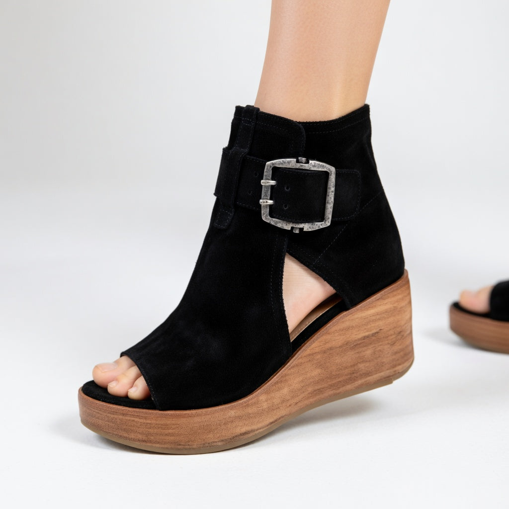 Aurevia - Buckled Open-Toe Wedge Booties