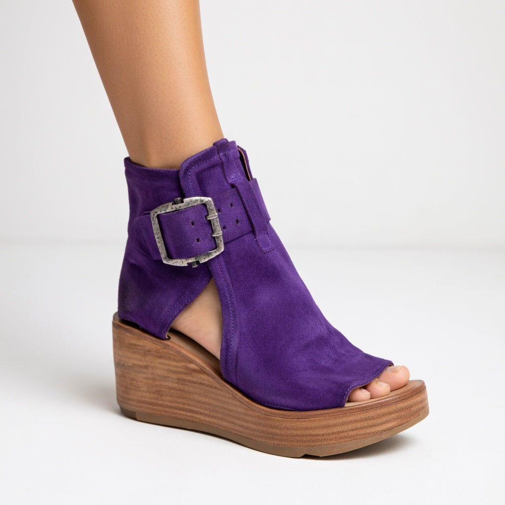 Aurevia - Buckled Open-Toe Wedge Booties