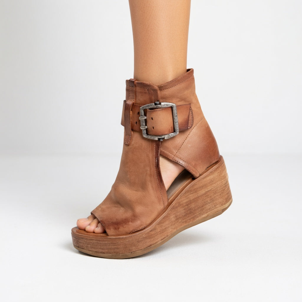 Aurevia - Buckled Open-Toe Wedge Booties