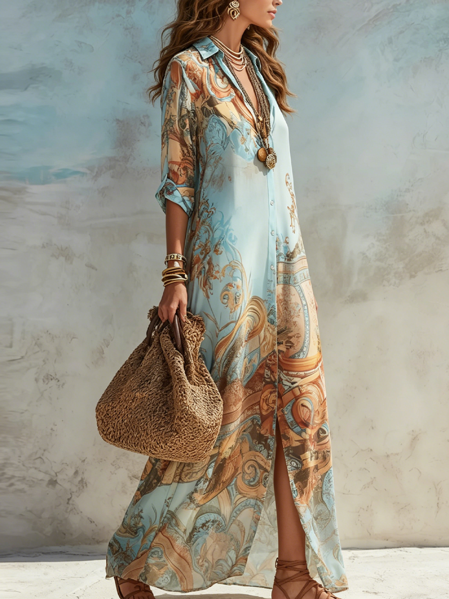 Azuria - Button-Front Maxi Shirt Dress