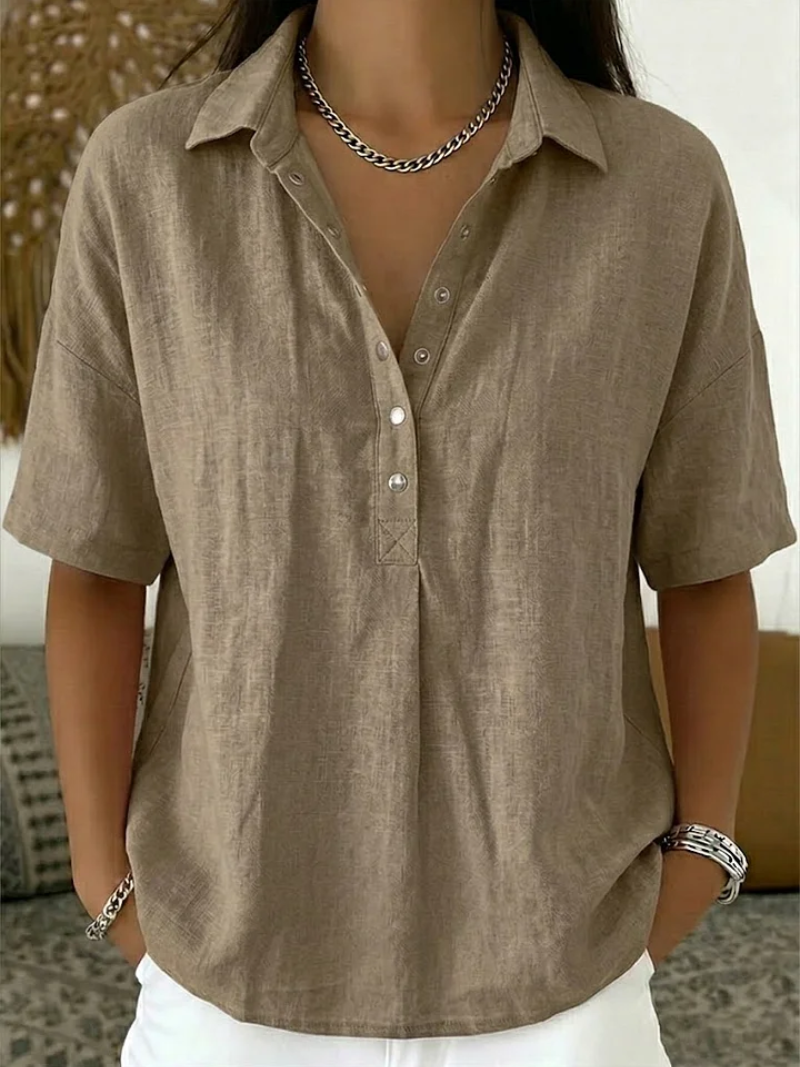 Casandra - Button-Front V-Neck Blouse