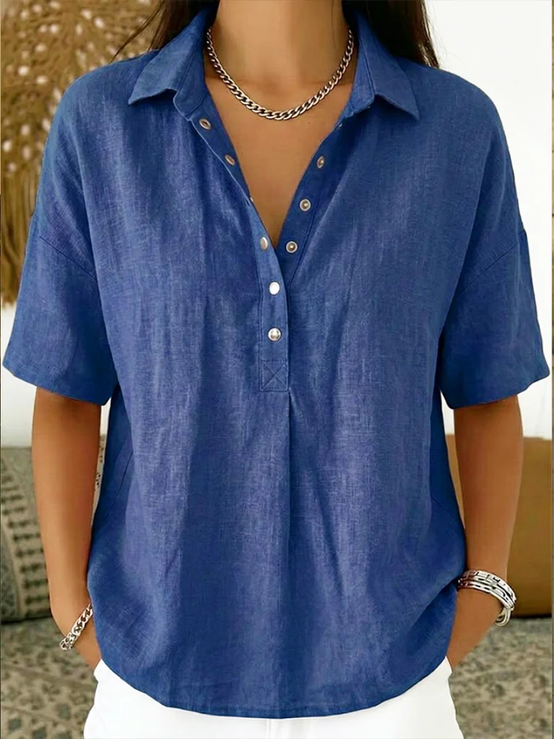 Casandra - Button-Front V-Neck Blouse