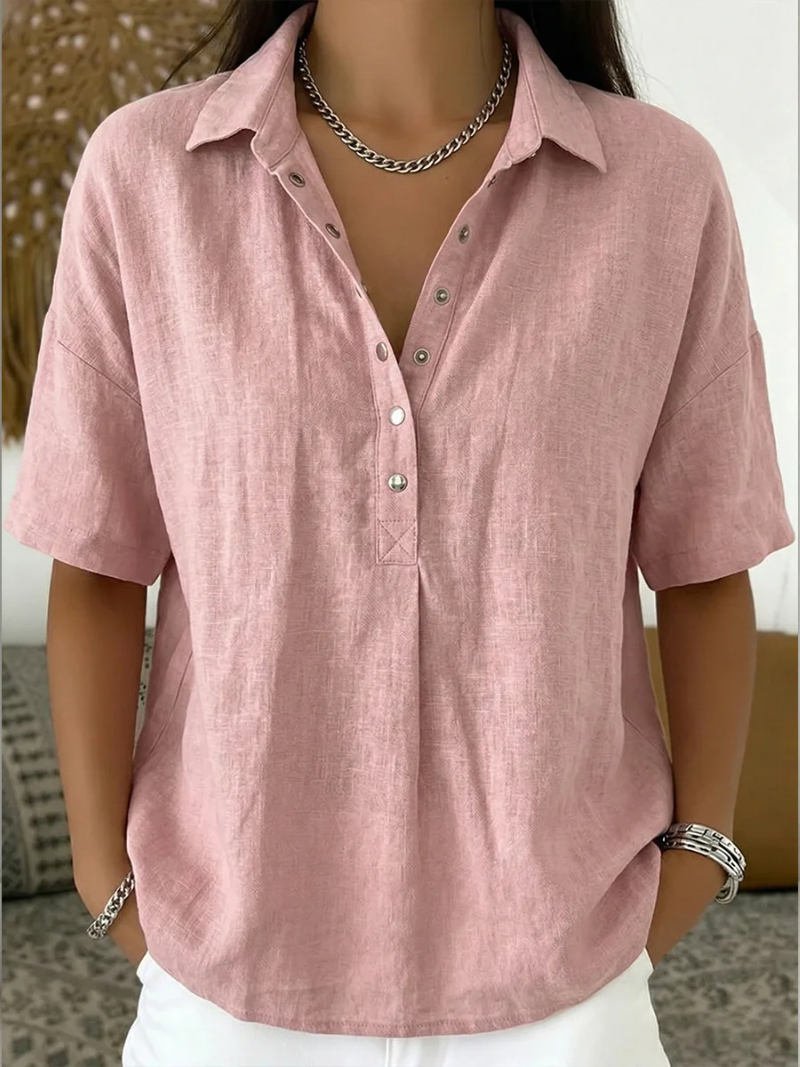 Casandra - Button-Front V-Neck Blouse