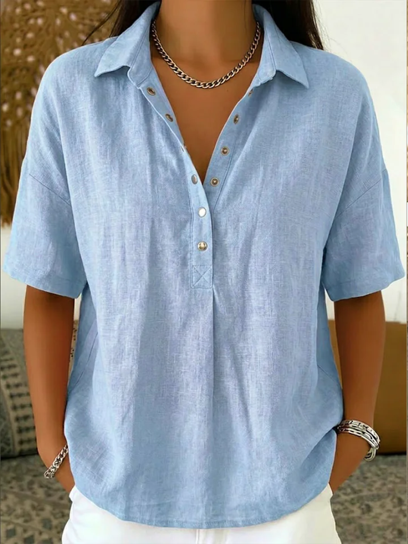 Casandra - Button-Front V-Neck Blouse