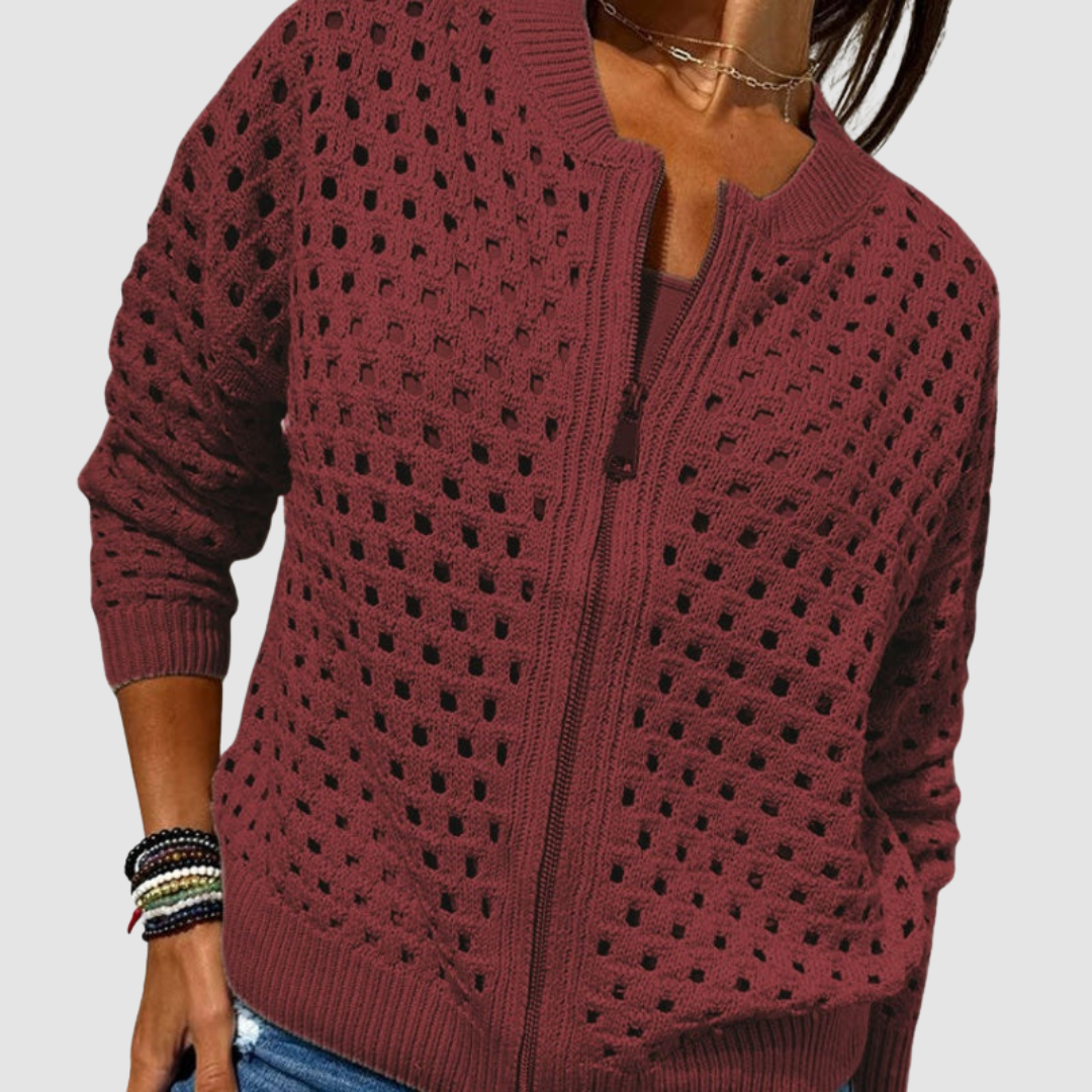 Desiree - Open-Knit Zip-Front Cardigan