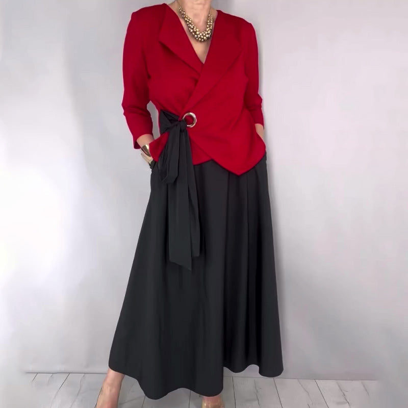 Elaris - Colorblock Wrap Top Skirt Set