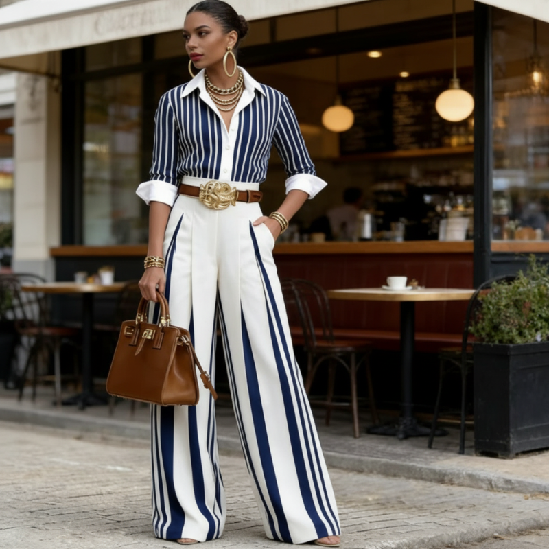 Laverne - Striped Shirt Wide-Leg Set