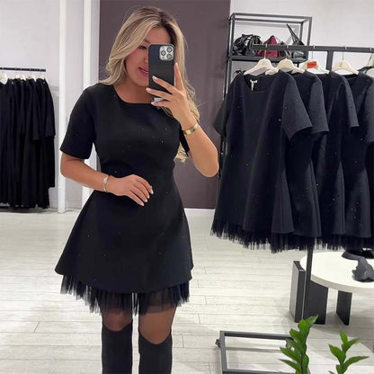 Mable - Rhinestone Lace Mini Dress