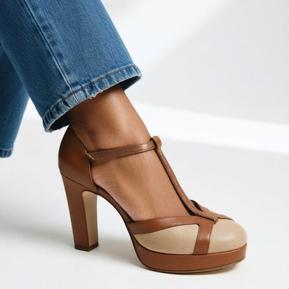 Marelle - Two-Tone Leather T-Strap Pumps