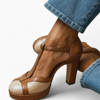 Marelle - Two-Tone Leather T-Strap Pumps