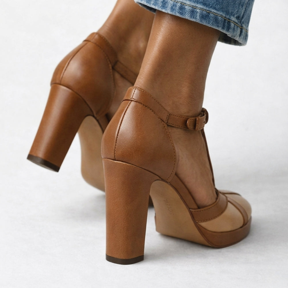 Marelle - Two-Tone Leather T-Strap Pumps