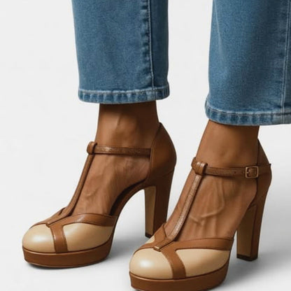Marelle - Two-Tone Leather T-Strap Pumps