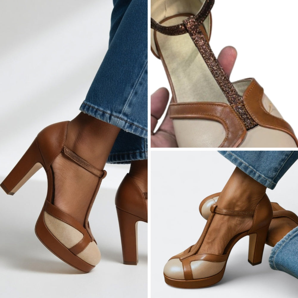 Marelle - Two-Tone Leather T-Strap Pumps