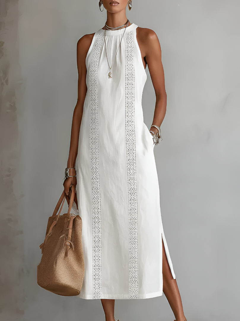 Naelle - Sleeveless Stand Collar Midi Dress