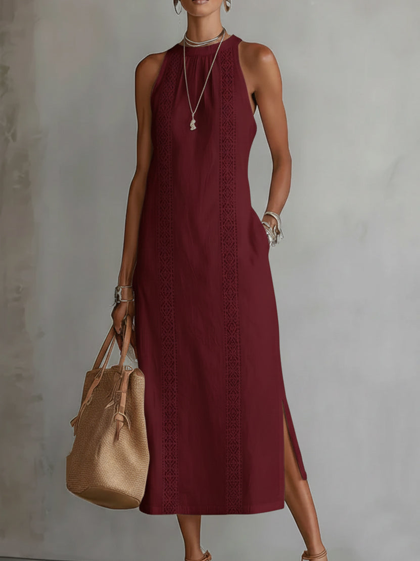 Naelle - Sleeveless Stand Collar Midi Dress