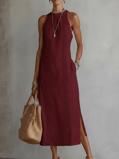 Naelle - Sleeveless Stand Collar Midi Dress