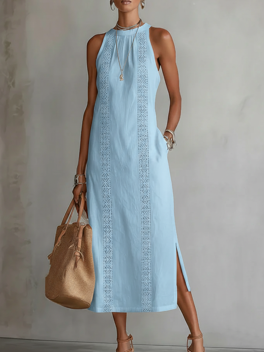 Naelle - Sleeveless Stand Collar Midi Dress