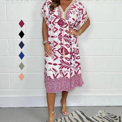 Nerelle - Printed Fringe V-Neck Dress