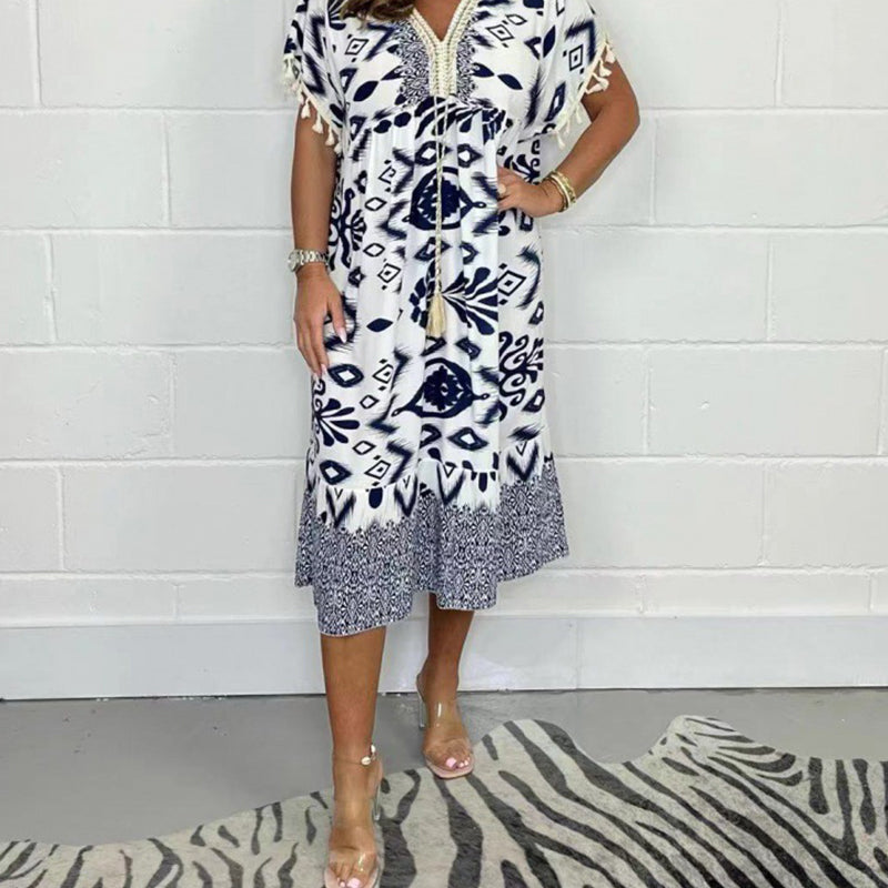 Nerelle - Printed Fringe V-Neck Dress