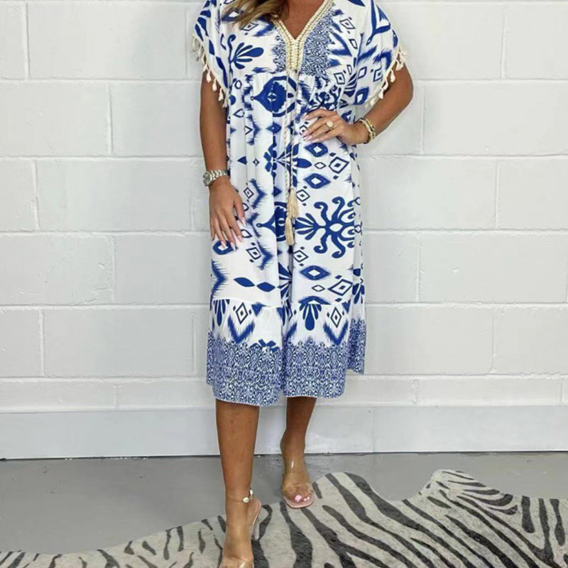 Nerelle - Printed Fringe V-Neck Dress