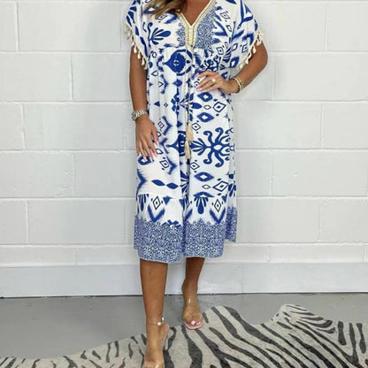 Nerelle - Printed Fringe V-Neck Dress
