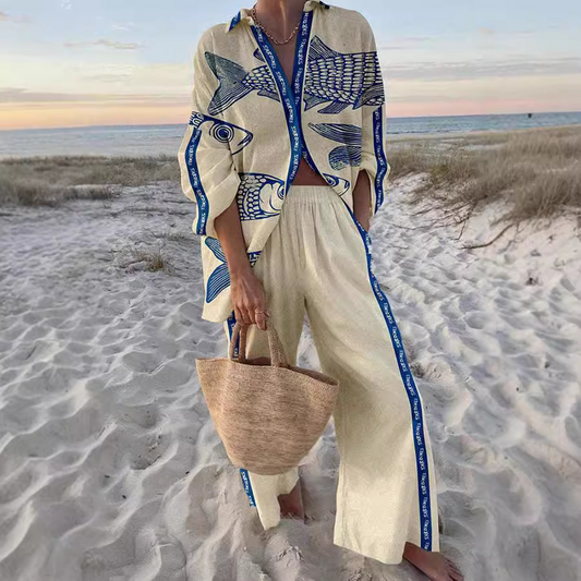 Robin - Blue Fish-Print Linen Set