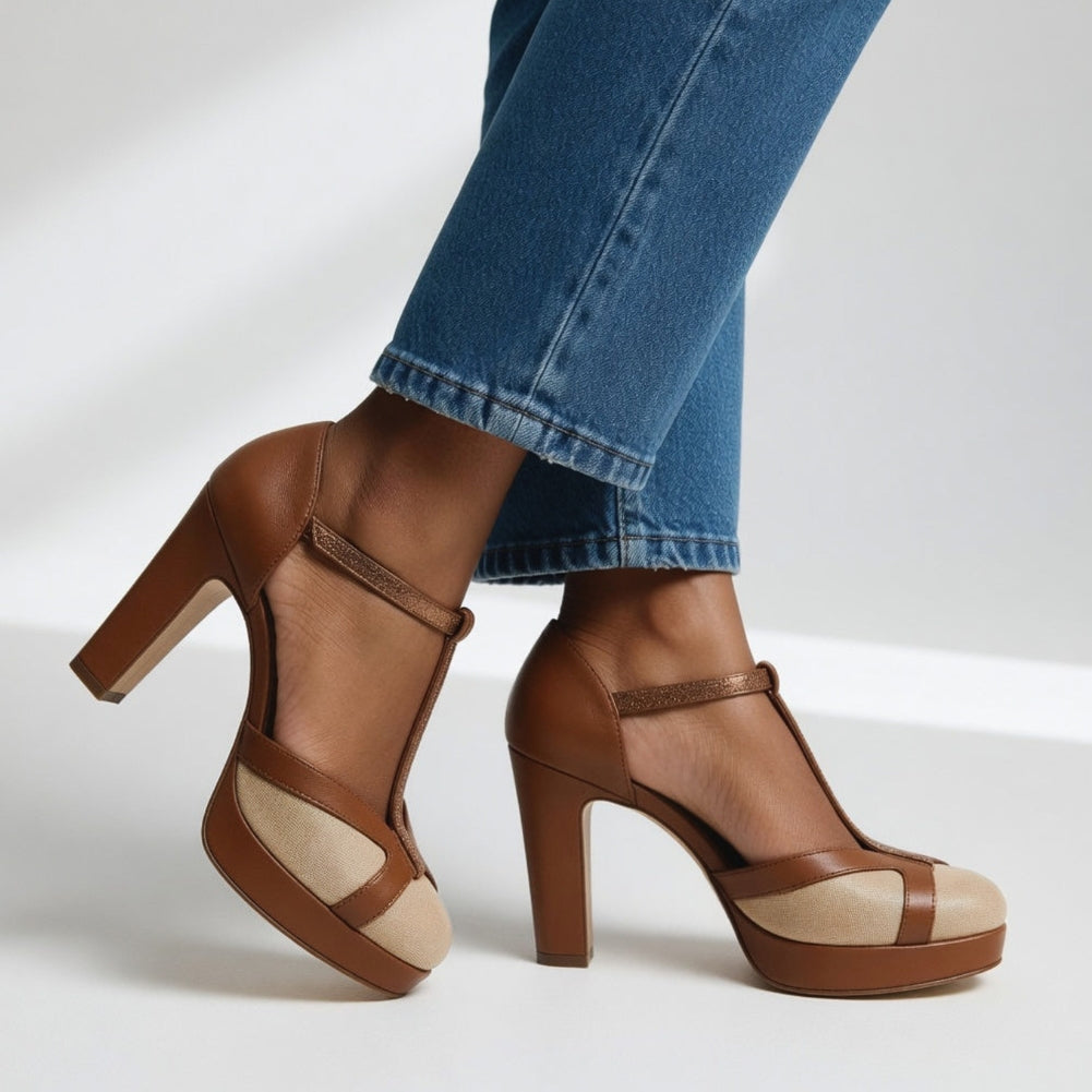 Marelle - Two-Tone Leather T-Strap Pumps