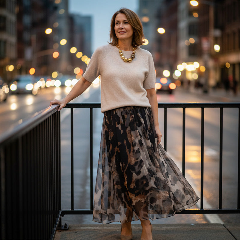 Veloria - Knit Top Leopard Skirt Set