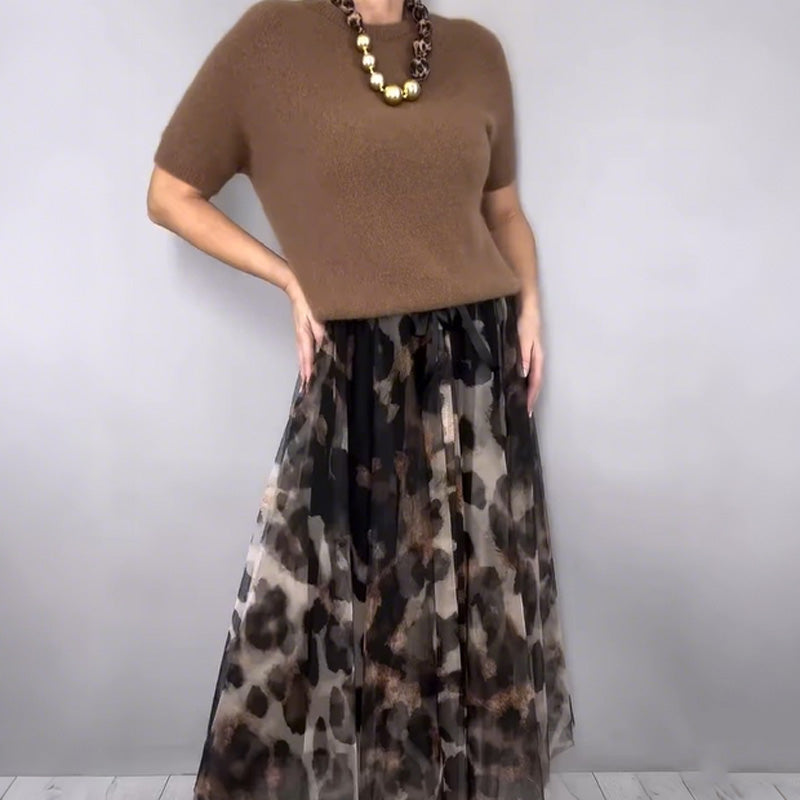 Veloria - Knit Top Leopard Skirt Set